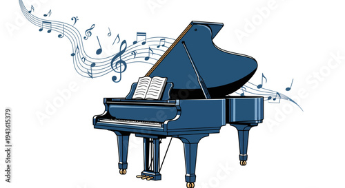 Blue grand piano with flowing musical notes emanating from it in a whimsical studio setting.