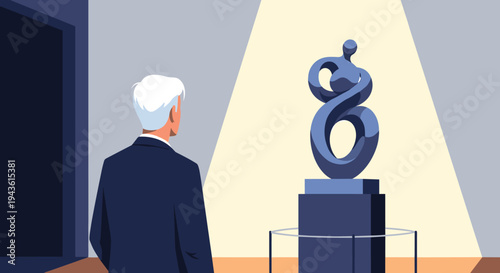 Man in a dark formal suit viewing a modern blue abstract sculpture illuminated by a single bright spotlight in a quiet museum gallery.