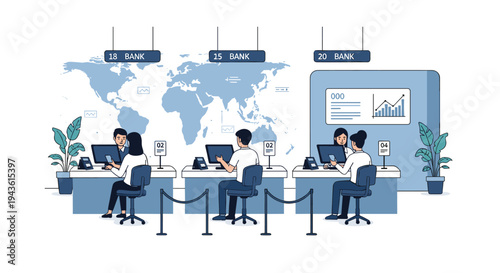 Professional bank staff working at counters with computers in a modern financial office with a large world map background on the wall.