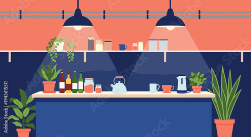 Stylish modern kitchen or home bar interior featuring dark blue counters, warm overhead lighting, potted plants, and various kitchenware.