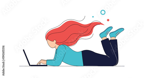 Young girl with long flowing red hair lying on the floor while focused on working or playing on her black laptop computer in a casual setting.