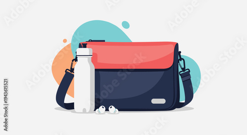 Navy and red sports bag sitting next to a white water bottle and wireless earphones on a clean background with abstract colorful shapes.