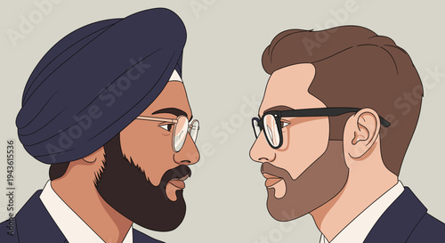 Side profile of two men from diverse cultural backgrounds looking at each other with mutual respect and deep understanding in a meeting.