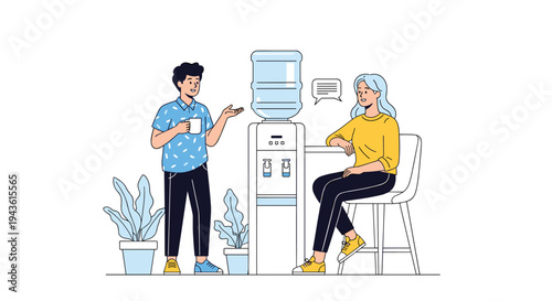 Man and woman having a casual conversation while taking a short break at a water cooler in a bright and modern office workspace setting.