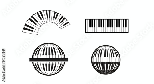 Curved piano keyboard and globe icon set illustrating music and global themes in a minimal vector style.