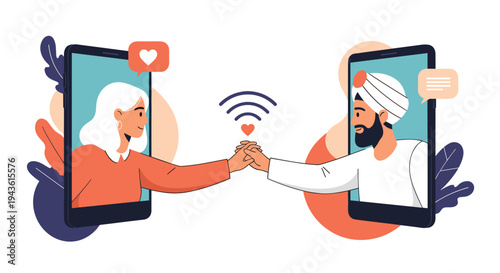 Man and woman in different locations holding hands through their smartphone screens representing the modern concept of online dating apps.