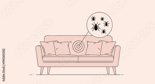Light pink sofa with a magnified circle icon showing various microscopic pests like dust mites or bed bugs living deep inside the fabric.