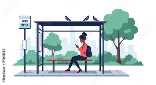 Young woman with a black backpack sitting on a bench at a city bus stop while using her smartphone and waiting for public transportation.