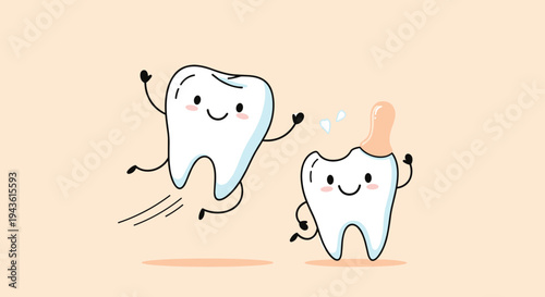 Two cheerful white cartoon teeth characters jumping and running happily on a light orange background to promote good dental hygiene habits.