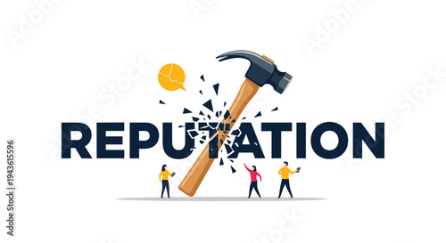 Large wooden hammer smashing the word reputation into small pieces while tiny figures look on with distress or deep concern for the loss.