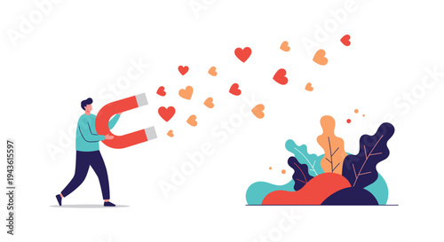 Man holding a large red horseshoe magnet to attract many flying heart symbols towards him to represent social media likes or popularity.