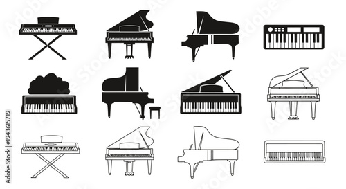 Collection of grand piano icons and keyboard silhouettes in varied styles for graphic resources.