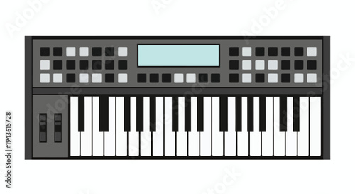 Electronic keyboard synthesizer with knobs switches and digital display.