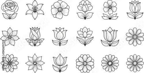 Black and white line of various flowers 2