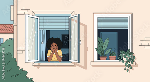 African American woman looking out of her open apartment window with potted plants on the ledge in a calm urban setting.