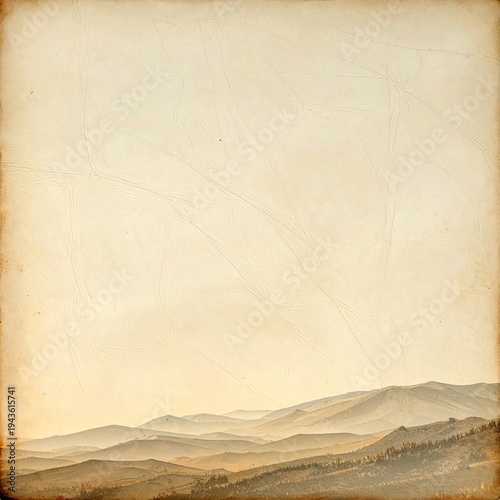 Faded view of distant hills below a textured, aged parchment sky