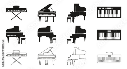 Collection of Icon Illustrations Depicting Various Pianos and Keyboard Instruments in Silhouette.
