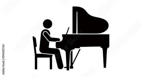Silhouette of a pianist playing a grand piano with a chair and bench in a monochrome music scene.