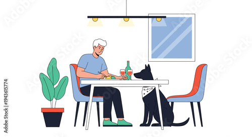Man enjoying a meal at a dining table with his loyal black dog sitting by his side in a brightly lit modern room.