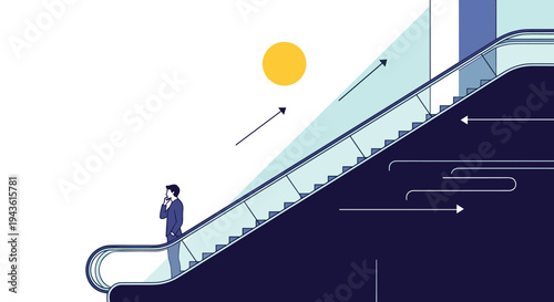 Pensive businessman standing on a long escalator moving upwards towards a bright yellow circle in a modern abstract space.