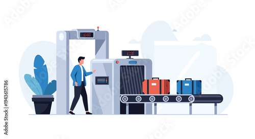 Traveler walking through a metal detector at airport security check while his luggage passes through an x-ray machine.