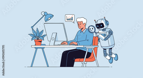 Professional man working on a computer at his desk while being assisted by a friendly small robot in a modern office.