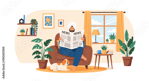 Indian man in a white turban sitting in a cozy armchair reading a newspaper with his dog lying on the floor nearby.
