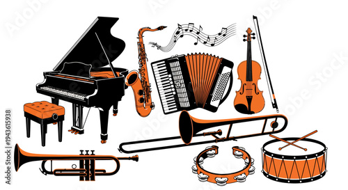 Colorful collage of classical and folk musical instruments including piano, accordion, violin, guitar, trumpet, tambourine and drums.