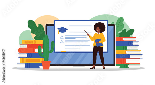 African American teacher conducting a virtual lesson on a large laptop screen surrounded by stacks of colorful books.