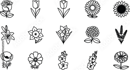 Black and white line of various flowers 3