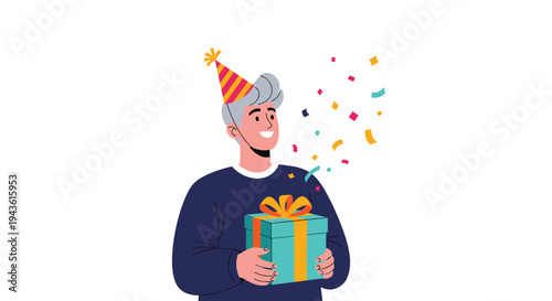 Happy man wearing a striped party hat and holding a wrapped gift box with colorful confetti flying around him.