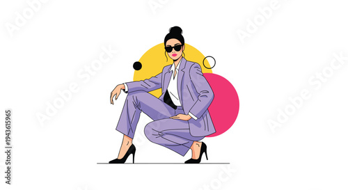 Stylish woman wearing a bright purple power suit and sunglasses posing confidently against an abstract background.