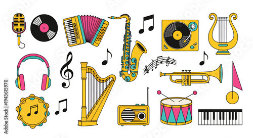 Diverse Musical Instruments Collage with Audio Equipment and Colorful Elements.