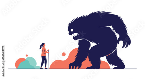 Brave female hiker standing face to face with a giant dark monster in a conceptual landscape representing fear.