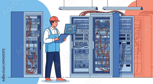 IT technician in a hard hat monitoring data on a tablet while standing in a modern server room with network racks.