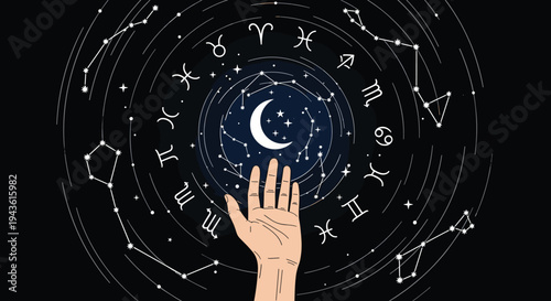 Mystical hand reaching towards a crescent moon in a dark sky surrounded by zodiac signs and star constellations.