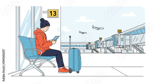 Young traveler sitting in an airport departure lounge using a digital tablet while waiting for his flight with a suitcase.