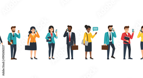 Row of diverse business professionals standing in a line while using their smartphones for communication and office tasks.