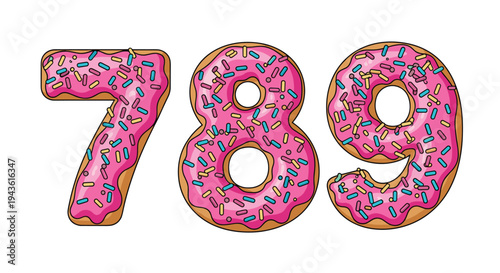 Collection of numbers seven eight and nine designed as delicious pink donuts with colorful sprinkles and sweet icing treats.