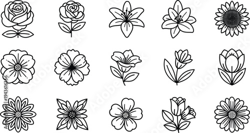 Black and white line of various flowers on white background 1