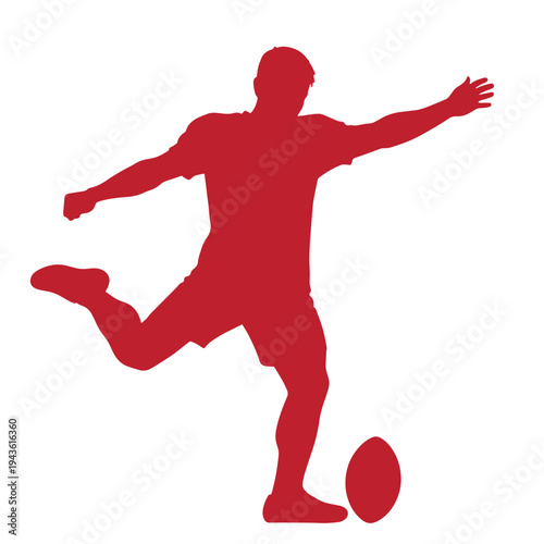 Red silhouette of a man kicking a ball with his right leg and left arm outstretched in a dynamic sports pose