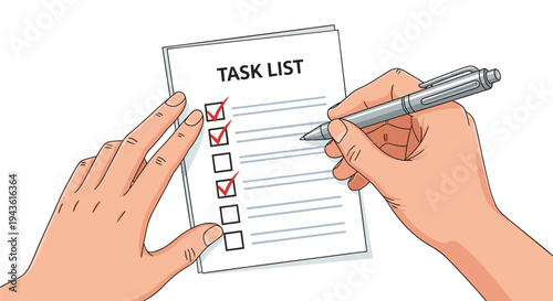 Person checking off items on a task list with a pen to show completion of goals and organized planning in a workspace area.