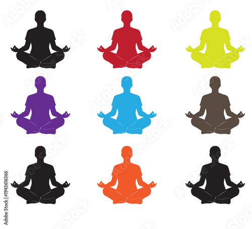 Nine peaceful meditation pose silhouettes in a spectrum of vibrant colors, embodying mindfulness, spiritual harmony, and serene well-being for holistic practices