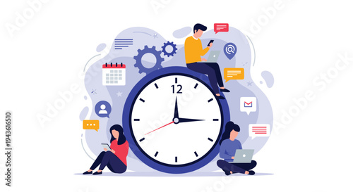 Diverse people working together around a very large clock face representing efficient time management and office productivity.