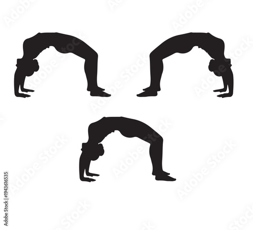Three graphic black silhouettes portray individuals in challenging yoga bridge pose, highlighting strength, flexibility, and balance. Ideal for promoting fitness, health, and mindful exercise