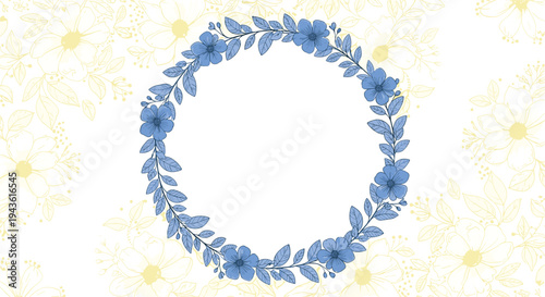 Circular floral wreath composed of hand drawn blue flowers and leaves set against a background of faint yellow floral patterns.