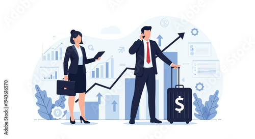 Two business travelers standing in an office with luggage and financial growth charts representing global success in trade.