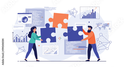 Man and woman collaborating by putting together large puzzle pieces against a background of business data and growth charts.