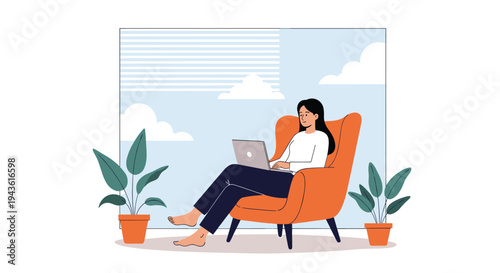 Woman sitting in a comfortable armchair at home using her laptop with green plants and a window view in the background room.