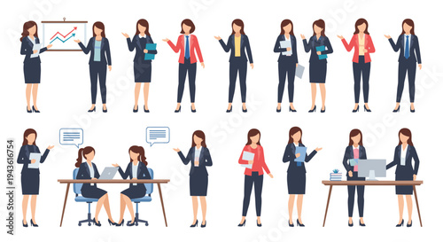Collection of female business professionals in diverse office scenarios including presentations, desk work, and collaborative meetings.